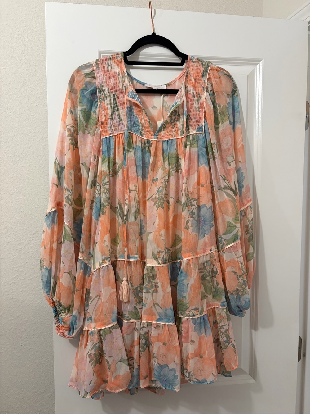 Olivaceous Peach and Blue Floral Tiered Long-Sleeve Dress